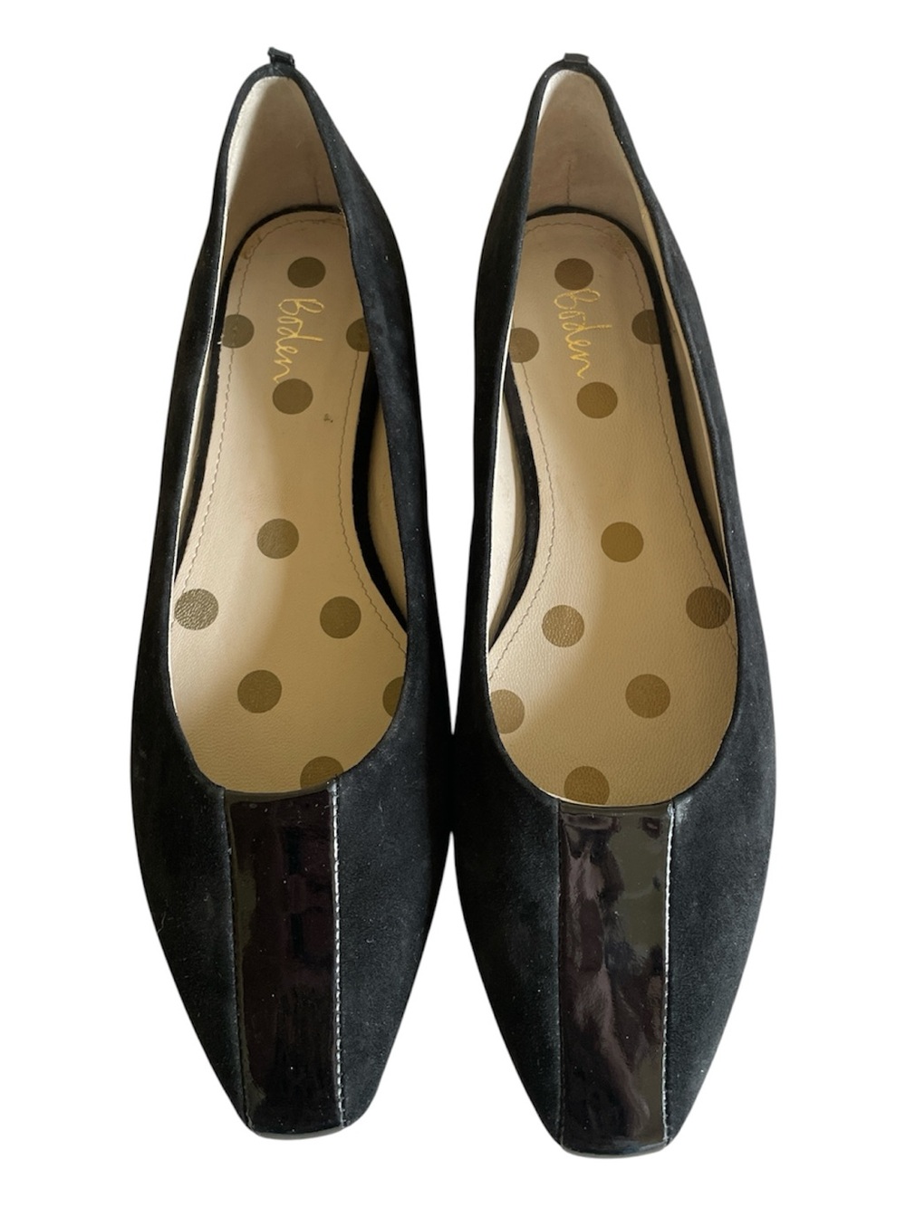 Boden Black Suede Flats with Patent Toe Stripe